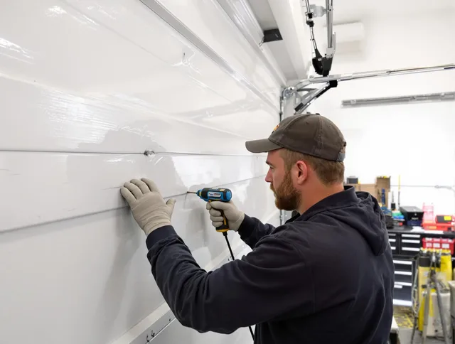 Eastlake Garage Door Repair technician demonstrating precision dent removal techniques on a Eastlake garage door