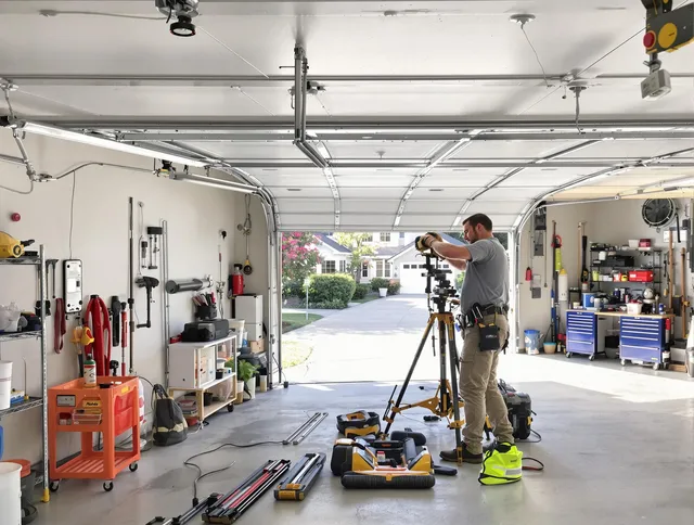 Eastlake Garage Door Repair specialist performing laser-guided track alignment in Eastlake